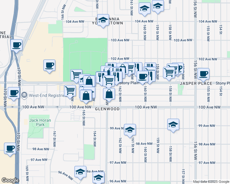 map of restaurants, bars, coffee shops, grocery stores, and more near 16203 Stony Plain Road in Edmonton