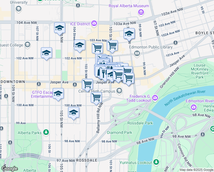 map of restaurants, bars, coffee shops, grocery stores, and more near 10155 102 Street Northwest in Edmonton