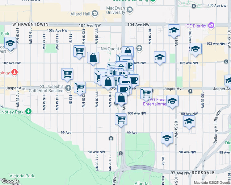 map of restaurants, bars, coffee shops, grocery stores, and more near 10108 109 Street Northwest in Edmonton