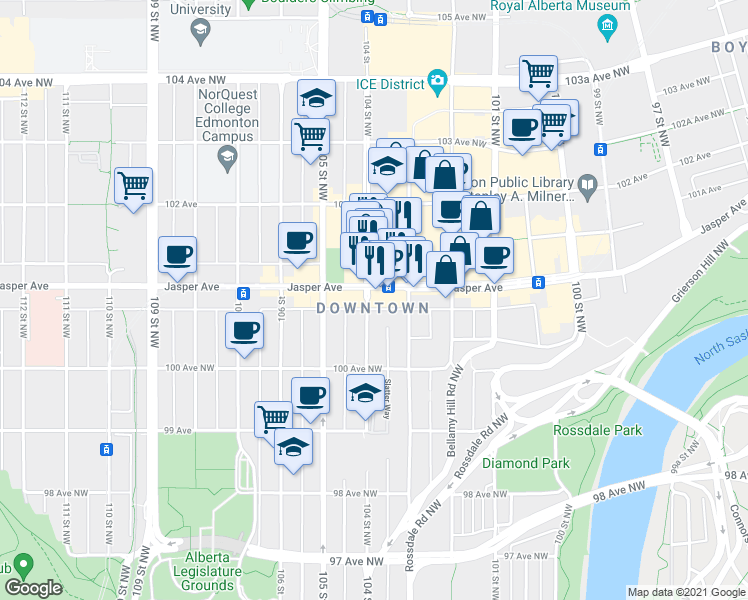 map of restaurants, bars, coffee shops, grocery stores, and more near in Edmonton