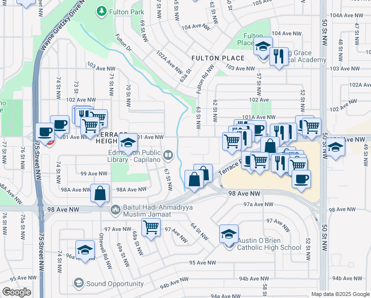 map of restaurants, bars, coffee shops, grocery stores, and more near in Edmonton