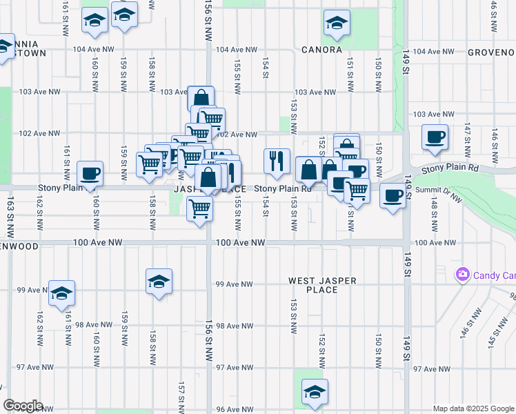 map of restaurants, bars, coffee shops, grocery stores, and more near 15445 Stony Plain Road in Edmonton