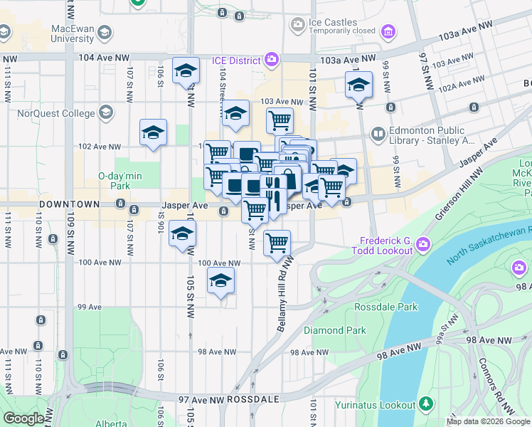 map of restaurants, bars, coffee shops, grocery stores, and more near 10230 Jasper Avenue in Edmonton