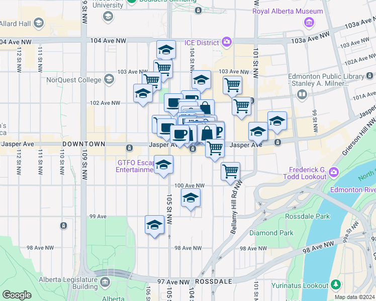 map of restaurants, bars, coffee shops, grocery stores, and more near 10050 104 Street Northwest in Edmonton