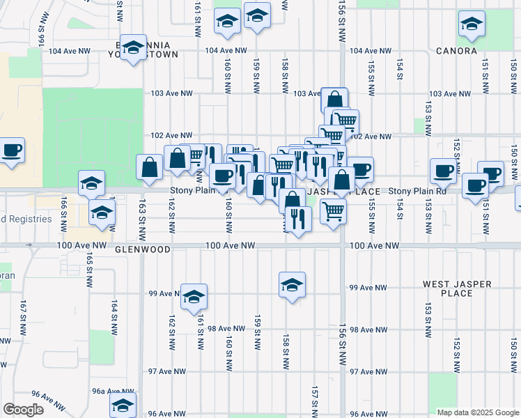 map of restaurants, bars, coffee shops, grocery stores, and more near 15819 Stony Plain Road in Edmonton