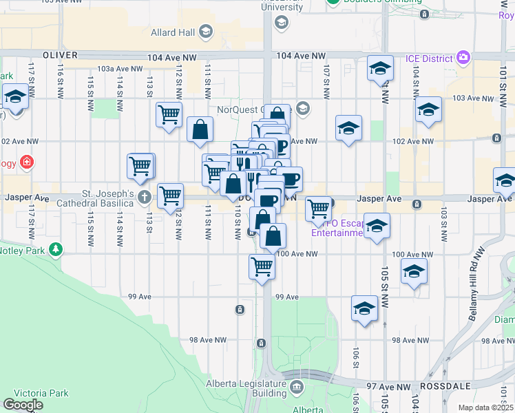 map of restaurants, bars, coffee shops, grocery stores, and more near 10108 109 Street Northwest in Edmonton