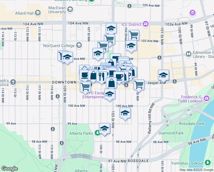 map of restaurants, bars, coffee shops, grocery stores, and more near 10534 Jasper Avenue in Edmonton