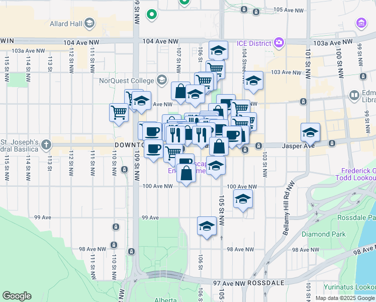 map of restaurants, bars, coffee shops, grocery stores, and more near 10665 Jasper Avenue in Edmonton