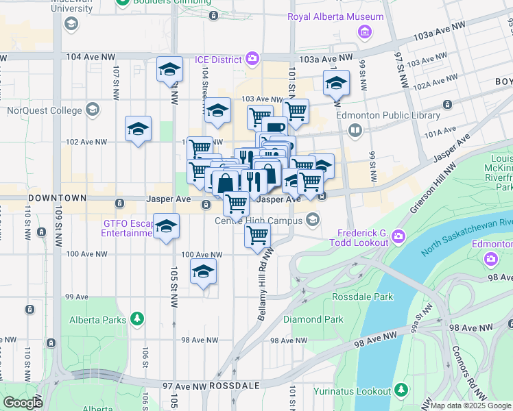map of restaurants, bars, coffee shops, grocery stores, and more near 10230 Jasper Avenue in Edmonton