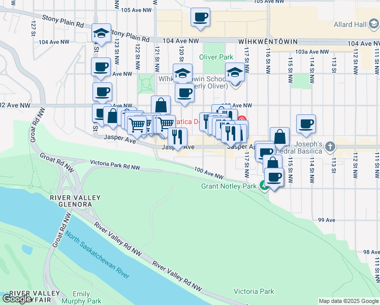 map of restaurants, bars, coffee shops, grocery stores, and more near 11912 Jasper Avenue in Edmonton