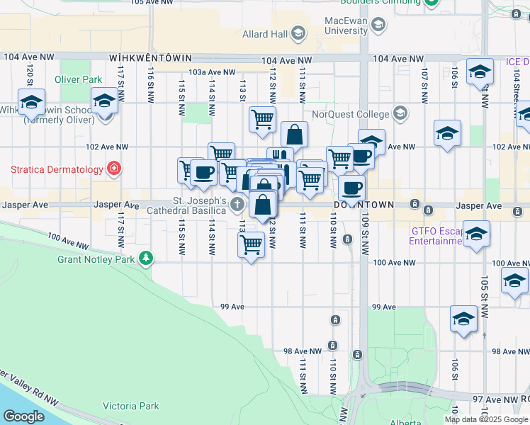map of restaurants, bars, coffee shops, grocery stores, and more near 11215 Jasper Avenue in Edmonton