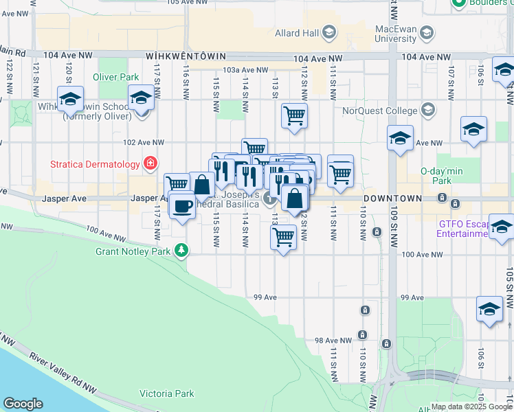 map of restaurants, bars, coffee shops, grocery stores, and more near 11355 Jasper Avenue in Edmonton