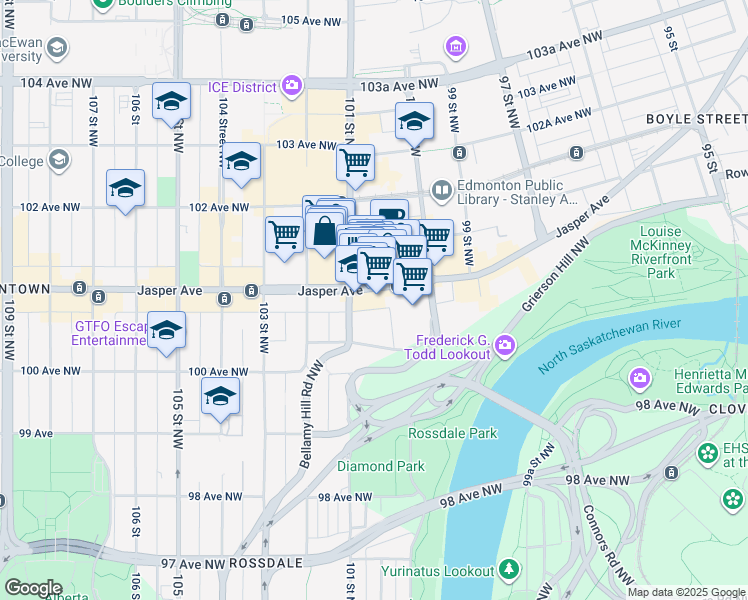 map of restaurants, bars, coffee shops, grocery stores, and more near in Edmonton