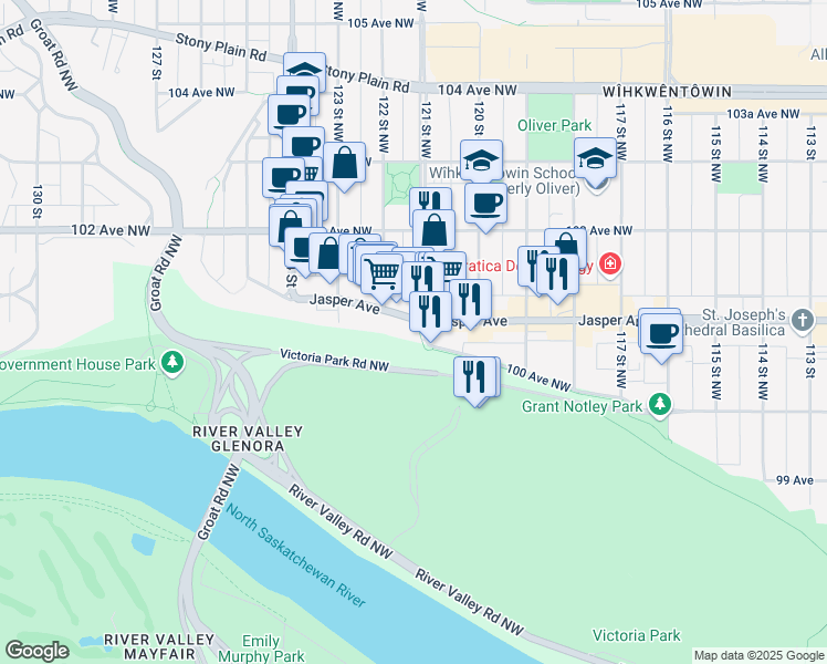 map of restaurants, bars, coffee shops, grocery stores, and more near 10020 121 Street Northwest in Edmonton