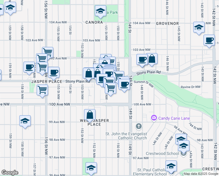 map of restaurants, bars, coffee shops, grocery stores, and more near in Edmonton