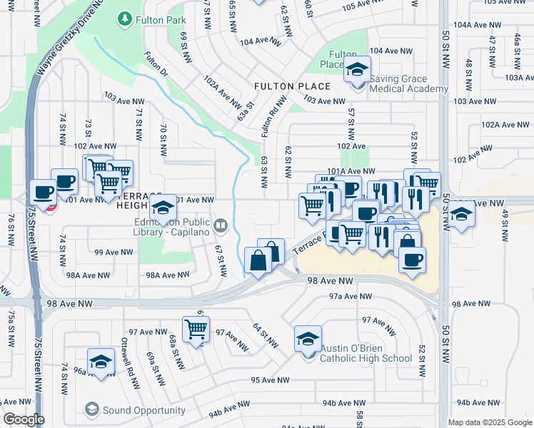 map of restaurants, bars, coffee shops, grocery stores, and more near 10021 62 Street Northwest in Edmonton
