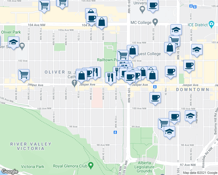 map of restaurants, bars, coffee shops, grocery stores, and more near in Edmonton