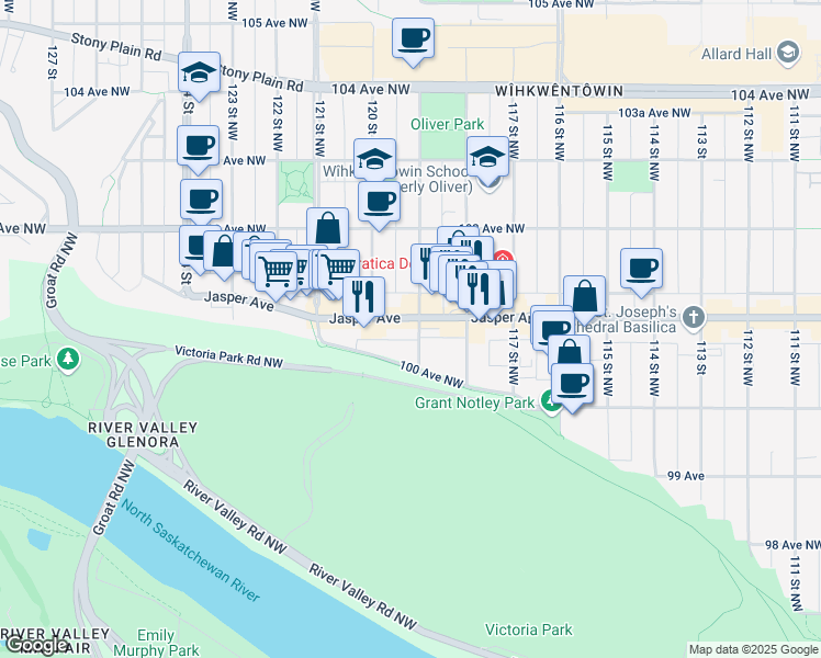 map of restaurants, bars, coffee shops, grocery stores, and more near 11912 Jasper Avenue in Edmonton