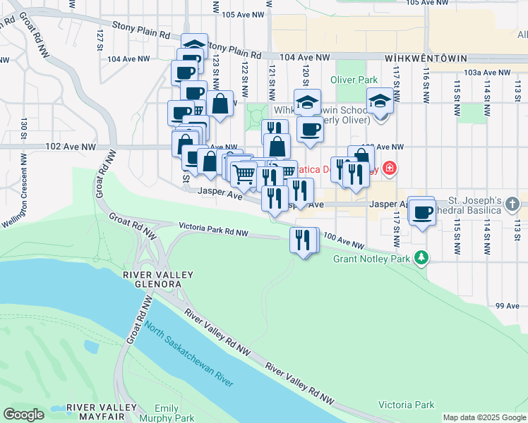 map of restaurants, bars, coffee shops, grocery stores, and more near in Edmonton