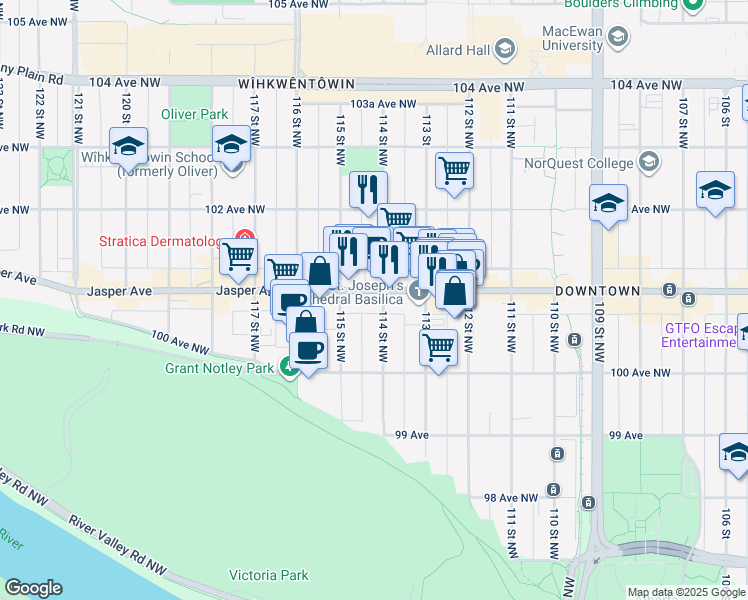 map of restaurants, bars, coffee shops, grocery stores, and more near in Edmonton