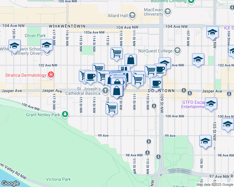 map of restaurants, bars, coffee shops, grocery stores, and more near 11215 Jasper Avenue in Edmonton