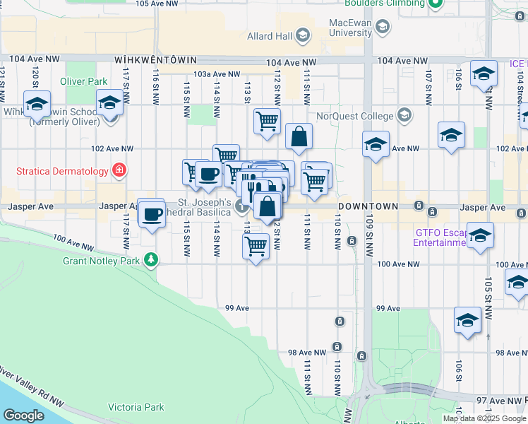 map of restaurants, bars, coffee shops, grocery stores, and more near in Edmonton