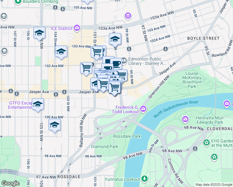 map of restaurants, bars, coffee shops, grocery stores, and more near 10036 Jasper Avenue in Edmonton
