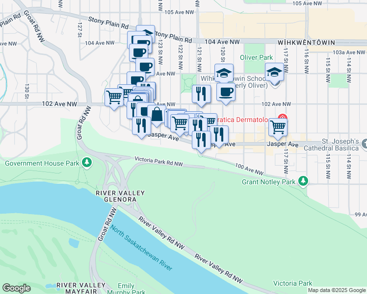map of restaurants, bars, coffee shops, grocery stores, and more near 12141 Jasper Avenue in Edmonton