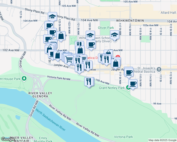 map of restaurants, bars, coffee shops, grocery stores, and more near in Edmonton