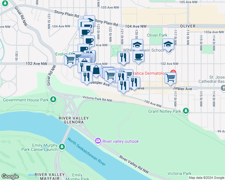 map of restaurants, bars, coffee shops, grocery stores, and more near 12141 Jasper Avenue in Edmonton