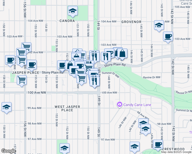 map of restaurants, bars, coffee shops, grocery stores, and more near 14921 Stony Plain Road in Edmonton