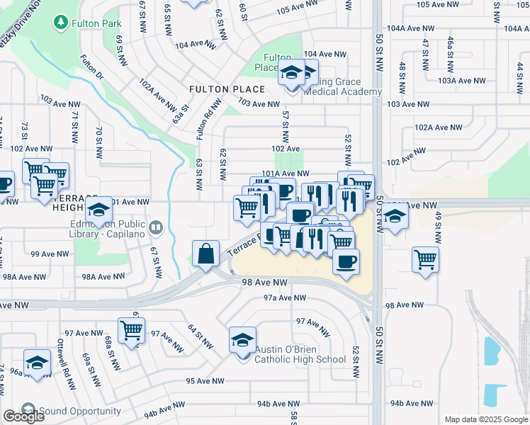 map of restaurants, bars, coffee shops, grocery stores, and more near 5818 Terrace Road Northwest in Edmonton