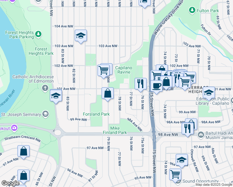 map of restaurants, bars, coffee shops, grocery stores, and more near in Edmonton