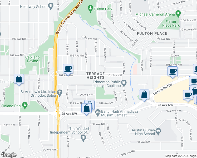 map of restaurants, bars, coffee shops, grocery stores, and more near 7017 101 Avenue Northwest in Edmonton