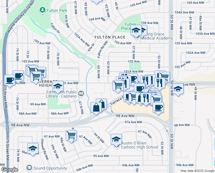 map of restaurants, bars, coffee shops, grocery stores, and more near 10021 62 Street Northwest in Edmonton