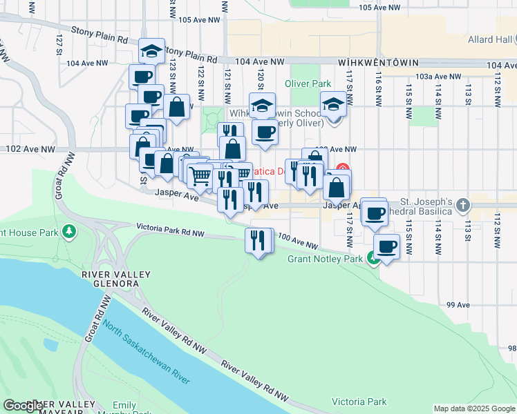 map of restaurants, bars, coffee shops, grocery stores, and more near in Edmonton