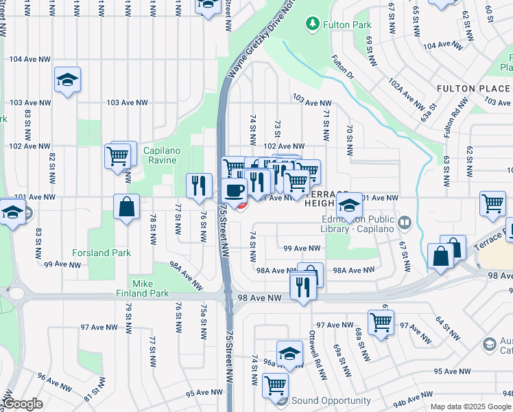 map of restaurants, bars, coffee shops, grocery stores, and more near 7455 101 Avenue Northwest in Edmonton