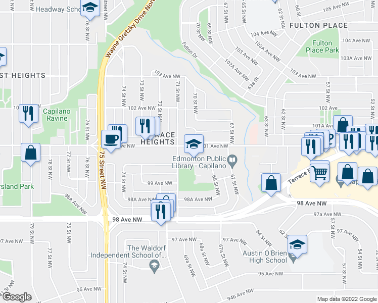 map of restaurants, bars, coffee shops, grocery stores, and more near 7007 101 Avenue Northwest in Edmonton