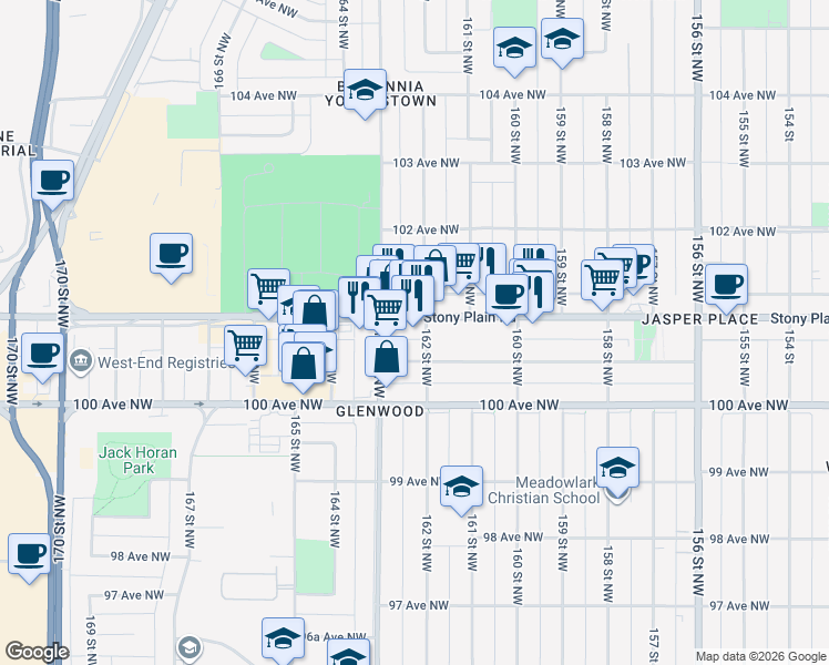 map of restaurants, bars, coffee shops, grocery stores, and more near 16203 Stony Plain Road in Edmonton