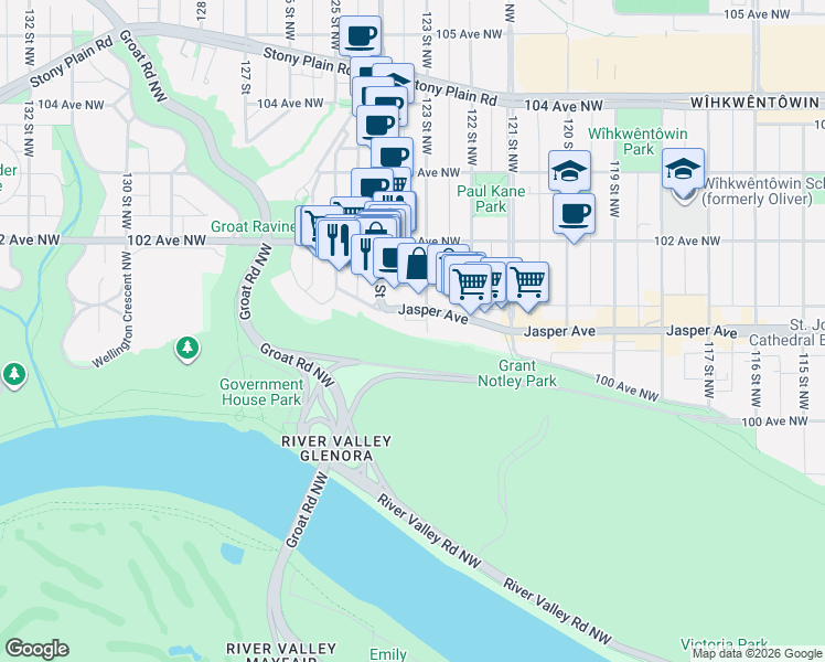 map of restaurants, bars, coffee shops, grocery stores, and more near in Edmonton