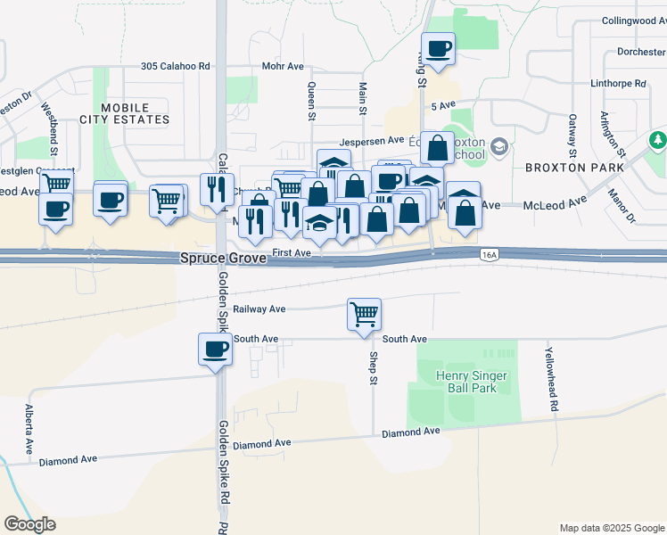 map of restaurants, bars, coffee shops, grocery stores, and more near 300 1 Avenue East in Spruce Grove