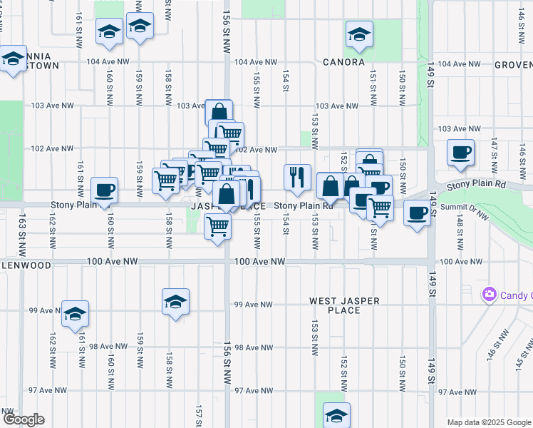 map of restaurants, bars, coffee shops, grocery stores, and more near 15445 Stony Plain Road in Edmonton