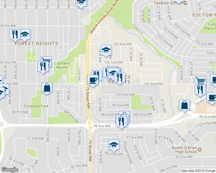 map of restaurants, bars, coffee shops, grocery stores, and more near 7303 101 Avenue Northwest in Edmonton