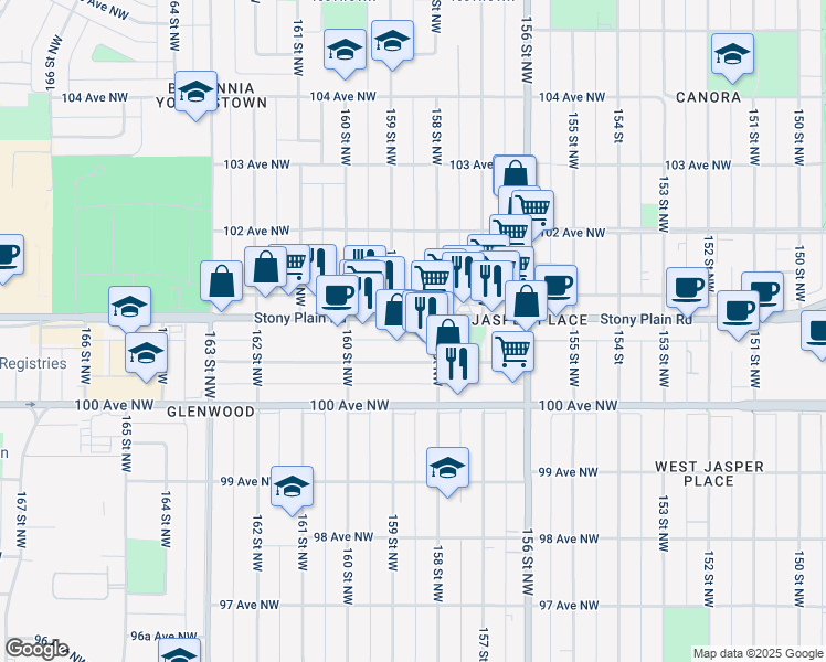 map of restaurants, bars, coffee shops, grocery stores, and more near 15819 Stony Plain Road in Edmonton