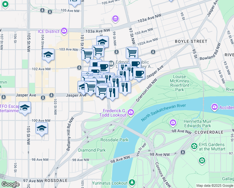 map of restaurants, bars, coffee shops, grocery stores, and more near 9925 Jasper Avenue in Edmonton