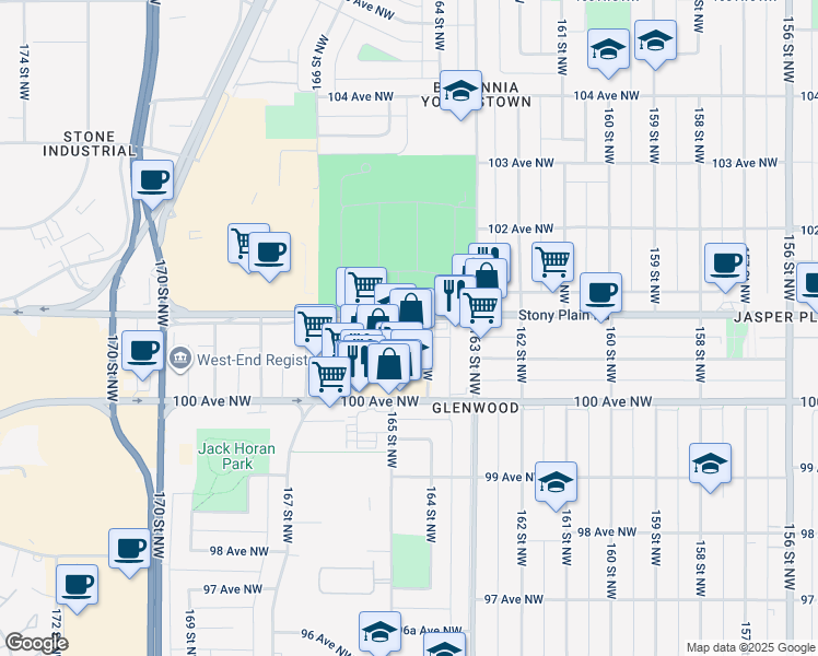 map of restaurants, bars, coffee shops, grocery stores, and more near 16421 Stony Plain Road in Edmonton