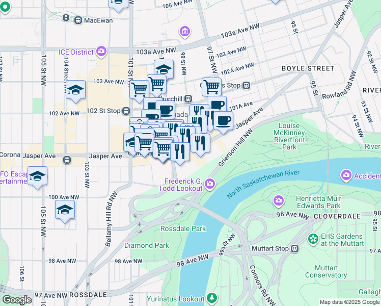 map of restaurants, bars, coffee shops, grocery stores, and more near 9925 Jasper Avenue in Edmonton