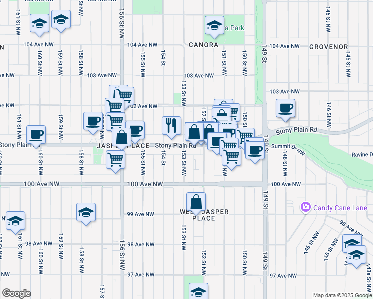 map of restaurants, bars, coffee shops, grocery stores, and more near 15229 Stony Plain Road in Edmonton