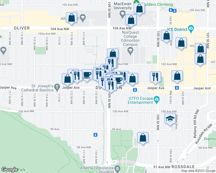 map of restaurants, bars, coffee shops, grocery stores, and more near 10108 109 Street Northwest in Edmonton