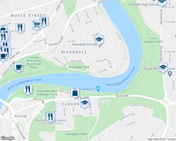map of restaurants, bars, coffee shops, grocery stores, and more near 9007 99 Avenue Northwest in Edmonton